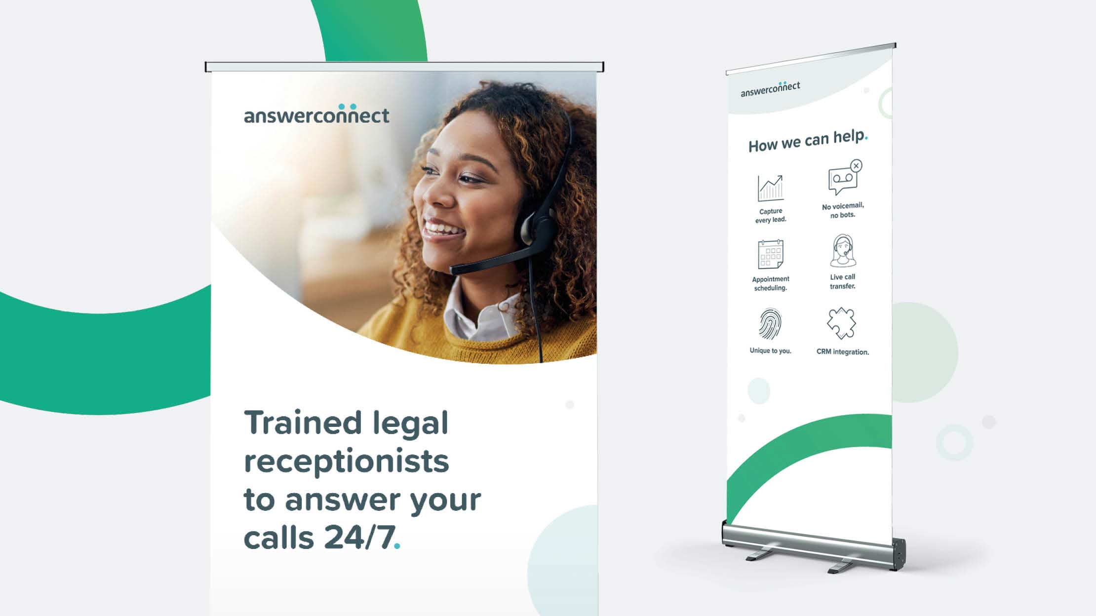 Popup banners designed for AnswerConnect, featuring a friendly woman wearing a headset. The text reads "Trained legal receptionists to answer your calls 24/7."