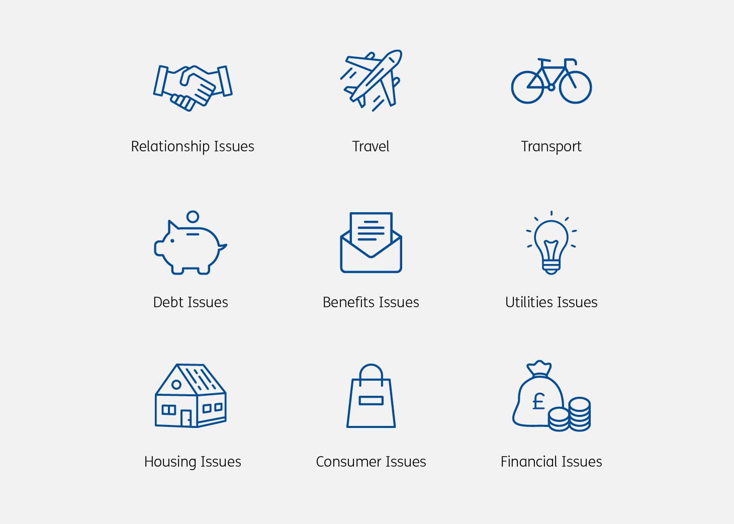 Nine different iconography including hand shake, plane, bike, piggy bank, envelop, light bulb, house, shopping bag and money.