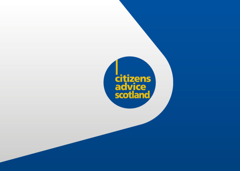 Citizens Advice Scotland logo in gold-yellow text, placed on top of blue circle.