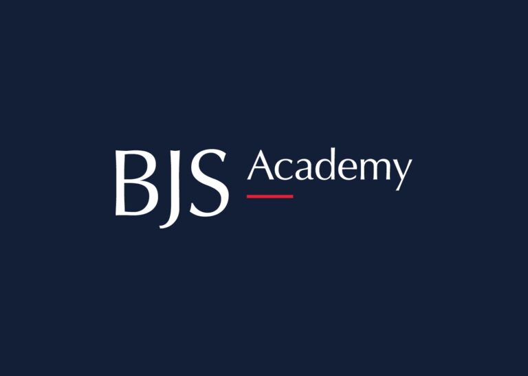 Reversed BJS Academy logo on navy blue background.