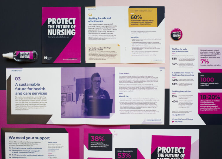 Booklet front cover caption "Protect the future of nursing" and inside spreads.