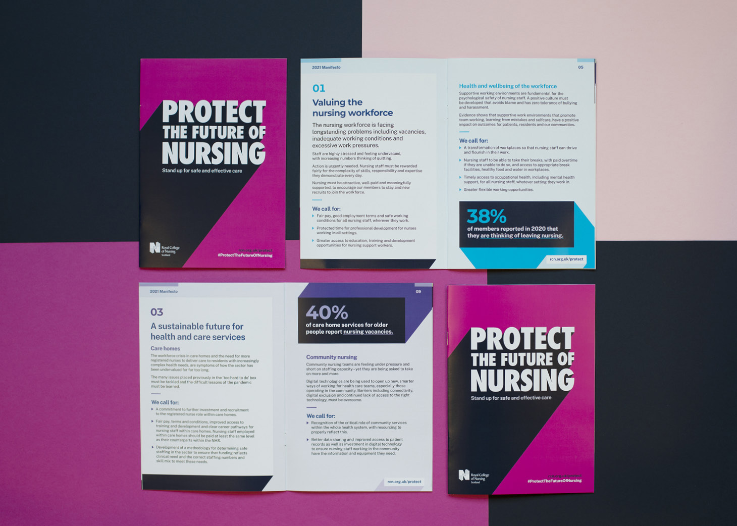 Front cover of booklet caption "Protect the future of nursing" and inside spread.