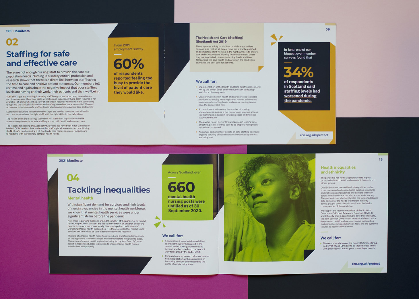 Two booklet spreads caption "Staffing for safe and effective care" and "Tackling inequalities".