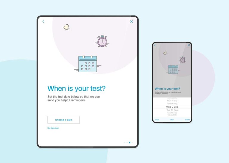 iPad and mobile screen with illustration, caption "When is your test?"