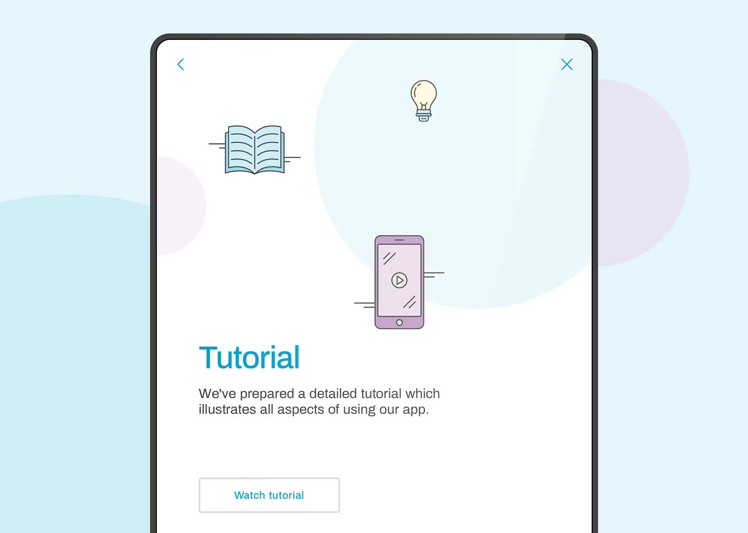 iPad screen with illustrations including light bulb, book and mobile caption "Tutorial".