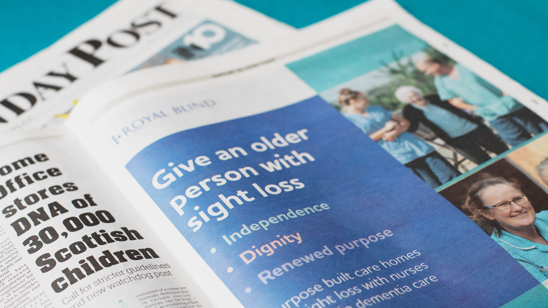 Newspaper spread caption "Give an older person with sight loss".