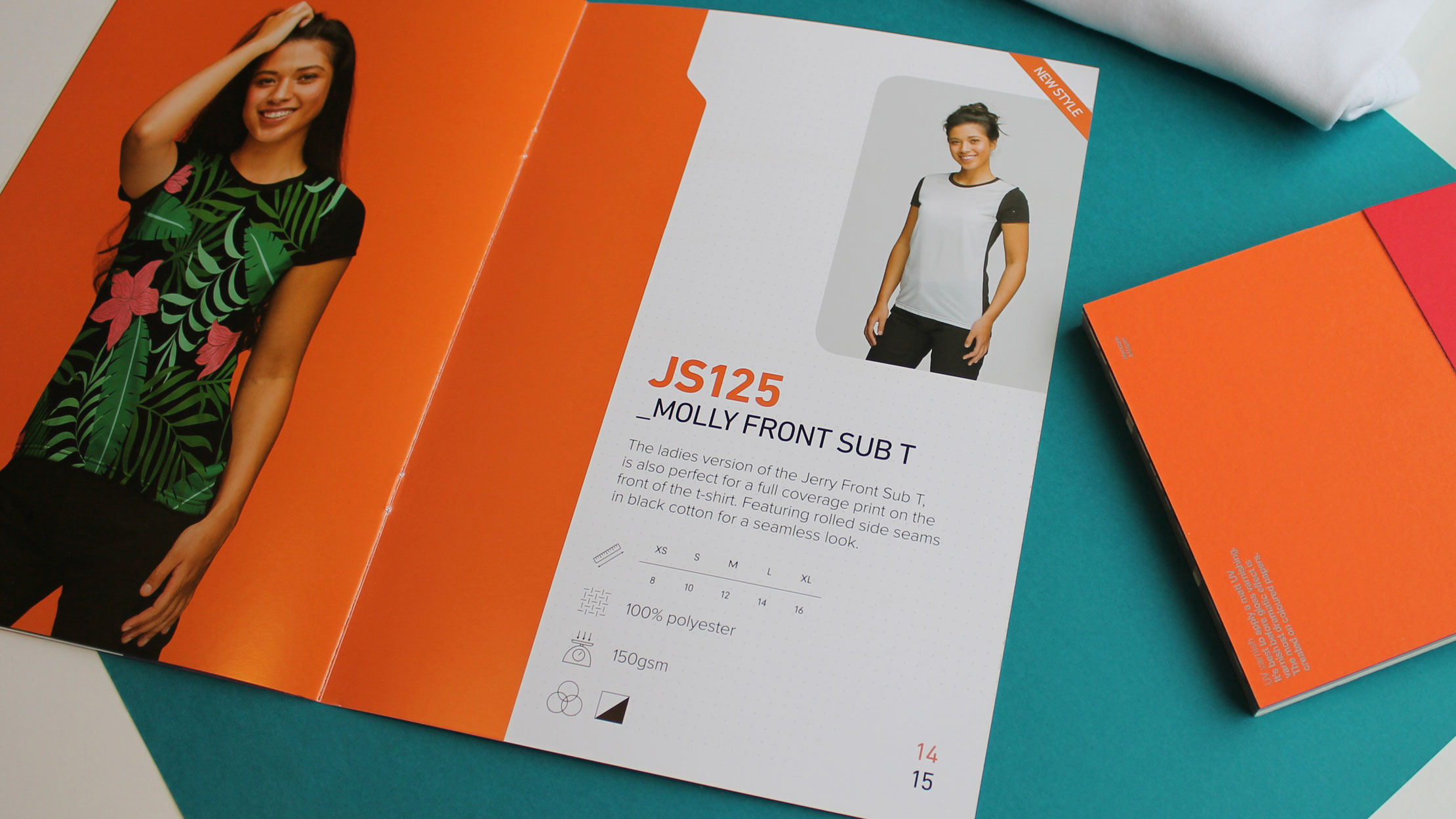 Brochure spread with a model posing on the left page.