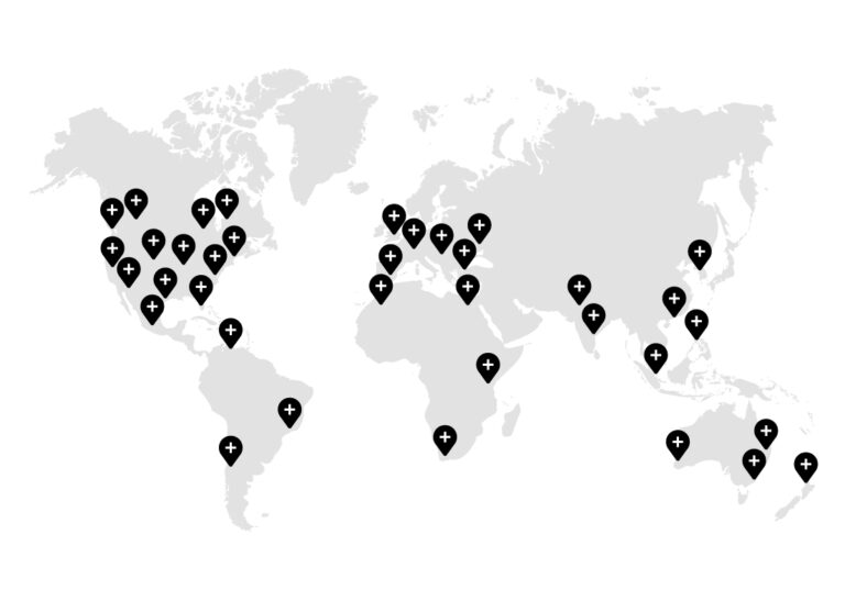 A list of Firefly's clients around the world, marked by pins on a world map.