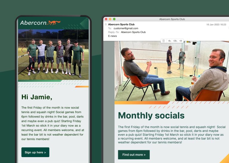 A mobile desktop mockup showing Abercorn Sports Club's email campaign.
