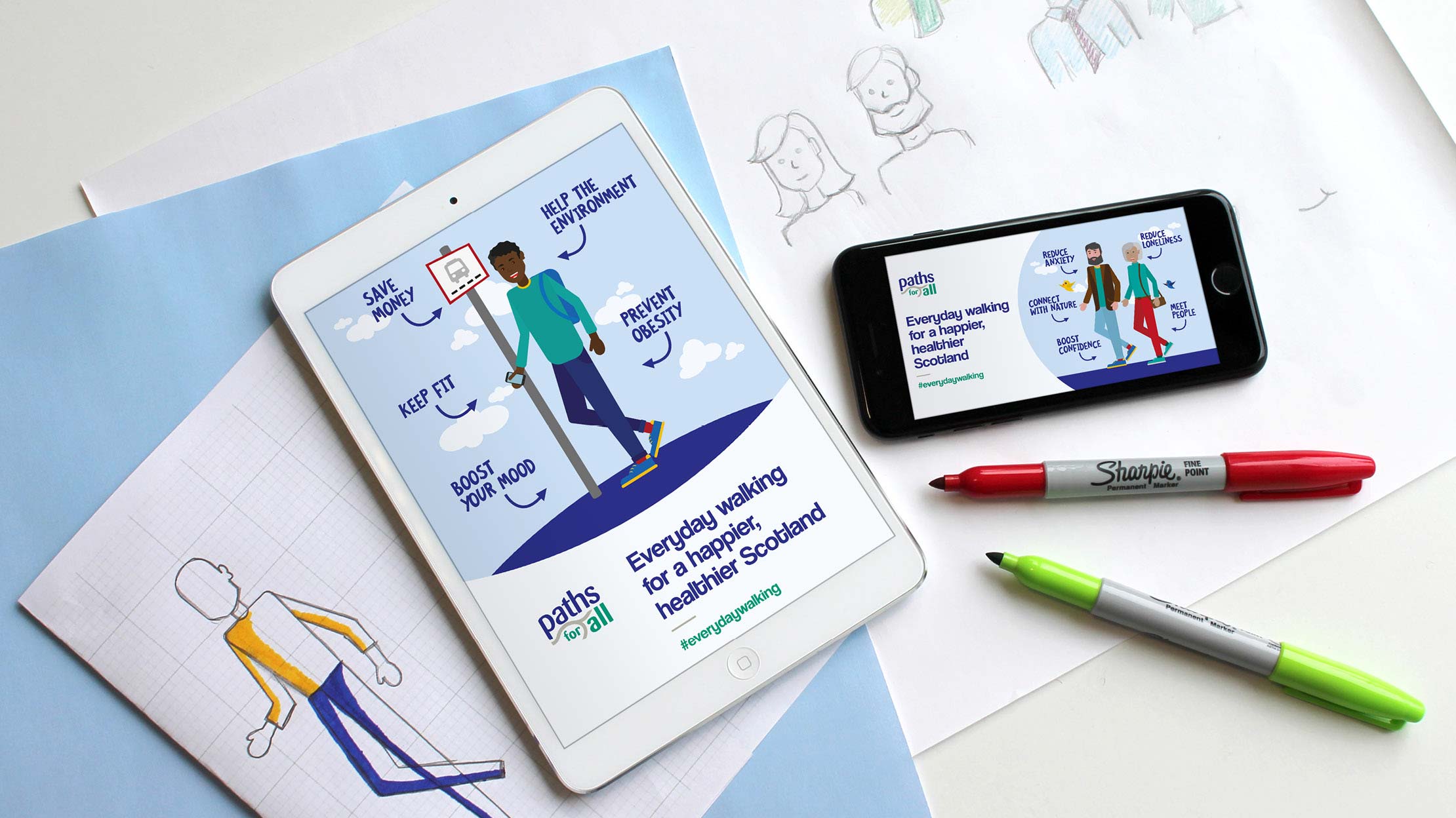 Tablet and mobile device showing illustration for Paths for All.