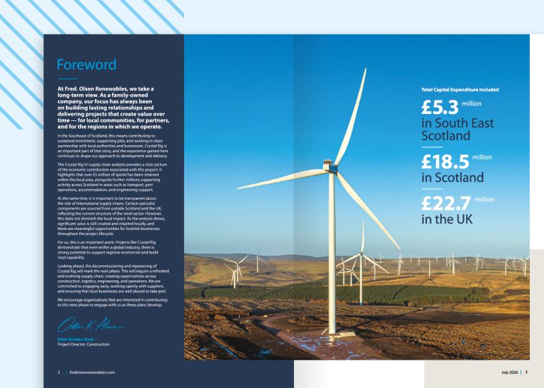 A mockup of Fred. Olsen Renewables report Foreword Spread.